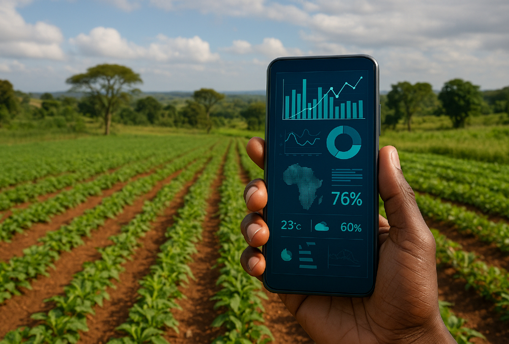 Digital technology and agriculture merging in Africa, symbolized by a smartphone displaying data overlaid on a farm landscape.