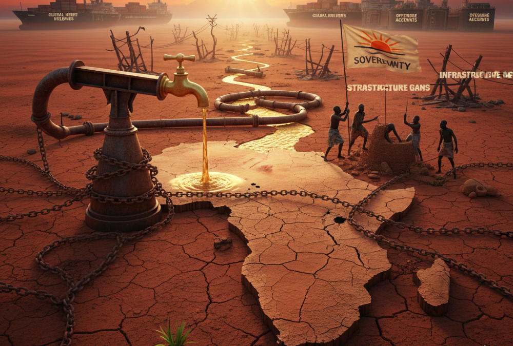 Africa’s economic value extraction illustrated through capital outflows, debt dependence, infrastructure gaps, and the struggle for economic sovereignty.