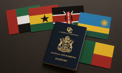Antigua and Barbuda passport with flags of UAE, Ghana, Kenya, Rwanda, and Benin, symbolizing new visa agreements for enhanced travel and diplomatic ties.