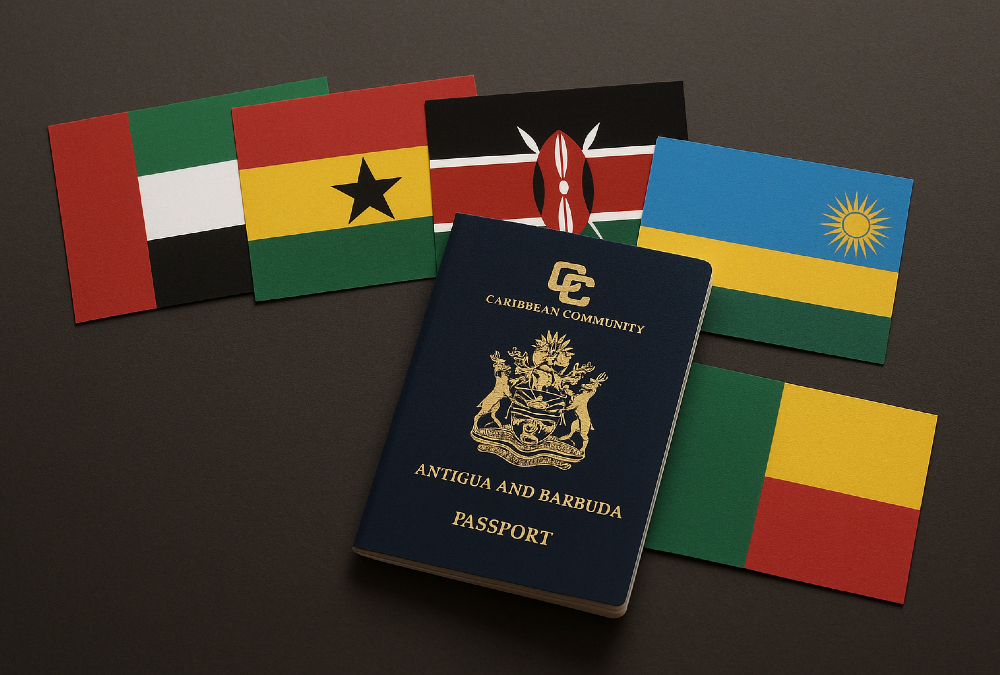 Antigua and Barbuda passport with flags of UAE, Ghana, Kenya, Rwanda, and Benin, symbolizing new visa agreements for enhanced travel and diplomatic ties.