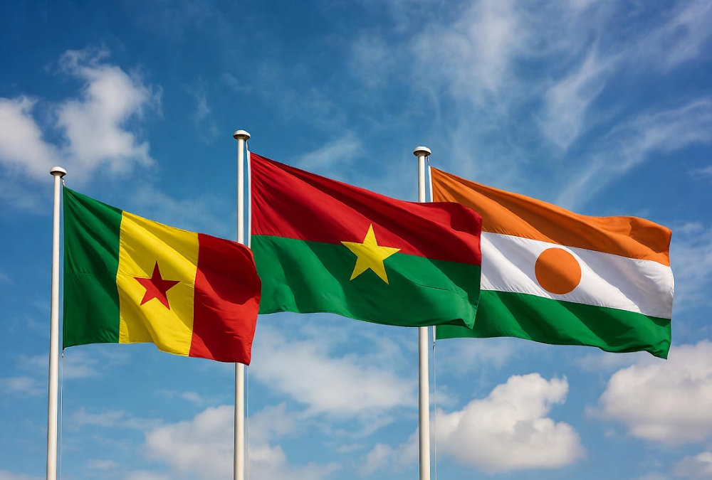 Flags of Mali, Burkina Faso, and Niger representing Alliance of Sahel States