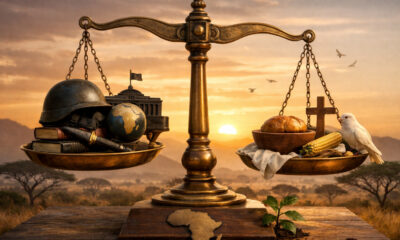 A symbolic scale balancing power and humility for Africa's future.