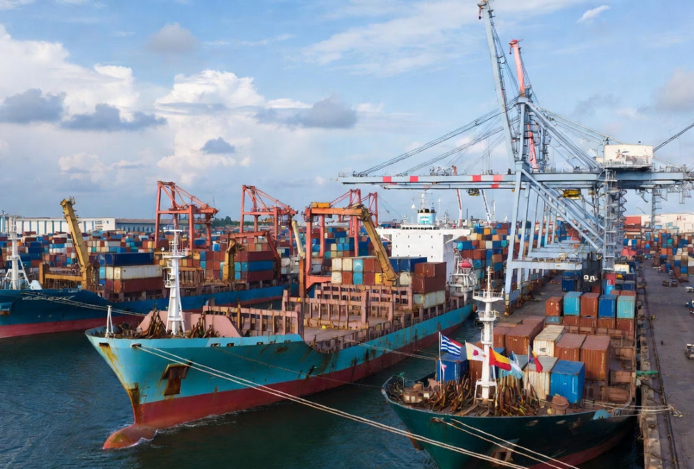 Nigerian maritime port with cargo ships loading exports