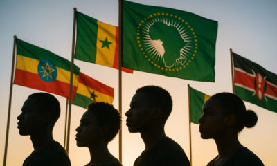 Silhouettes of diverse African youth looking forward with determination and African Union flags representing 54 nations with potential for continental unity and geopolitical transformation