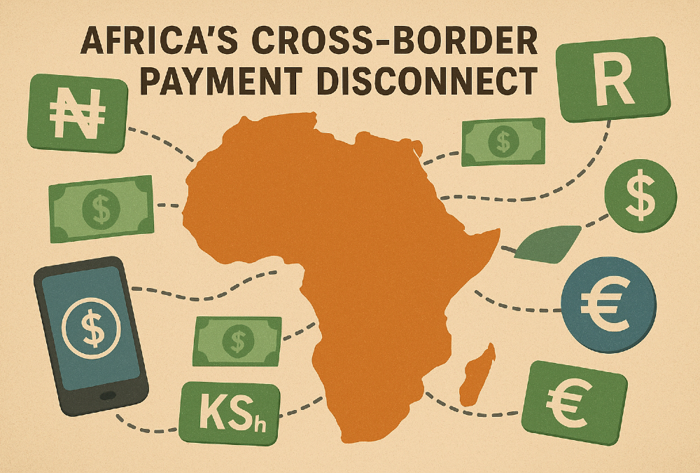 Illustration of Africa’s fragmented currencies and payment systems, showing multiple national currencies and digital payment challenges slowing cross-border trade and economic integration.