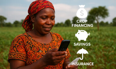 Kenyan smallholder farmer accessing crop financing, savings, and insurance via mobile money on a feature phone - showcasing financial inclusion in Africa.