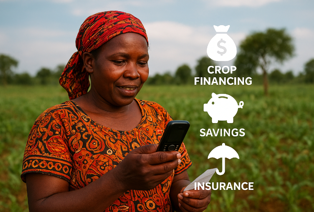 Kenyan smallholder farmer accessing crop financing, savings, and insurance via mobile money on a feature phone - showcasing financial inclusion in Africa.