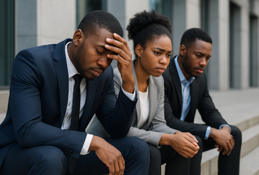 Young African professionals facing unemployment, symbolizing the continent’s challenge of mass underemployment and the need for economic security through job creation and sustainable growth.