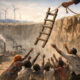Visual metaphor for the energy paradox: a ladder being pulled up as developing African nations are told to leapfrog fossil fuels.