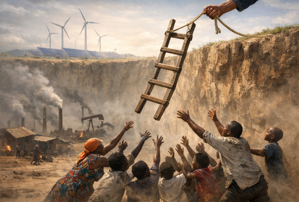 Visual metaphor for the energy paradox: a ladder being pulled up as developing African nations are told to leapfrog fossil fuels.