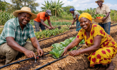 Properous farmers implementing climate-smart agriculture practices like raised beds, mulching, and drip irrigation to boost yields and income in Africa.