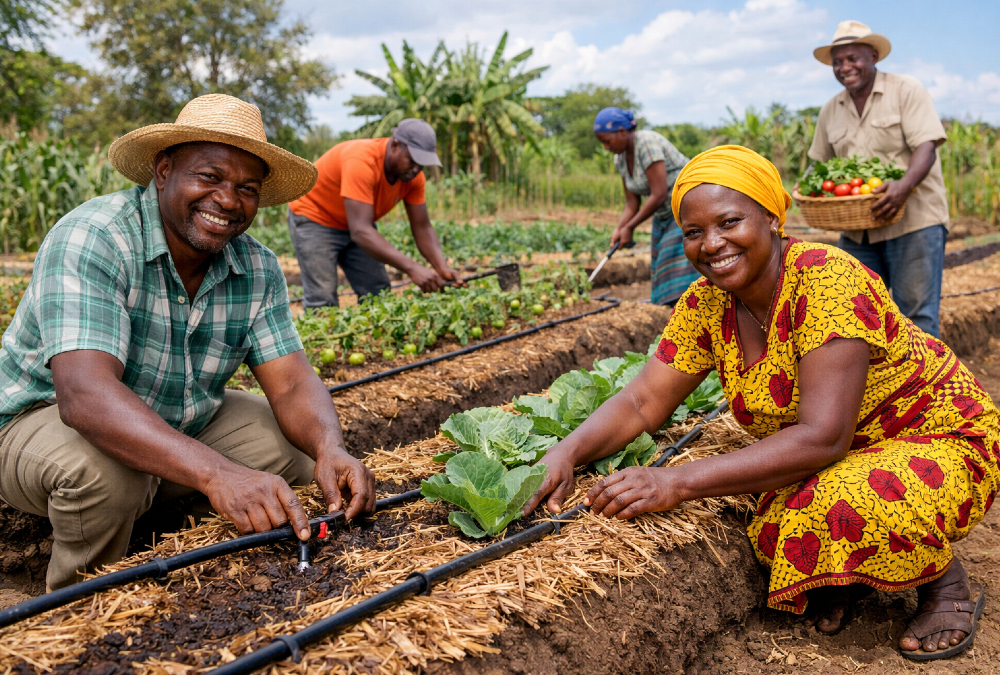 Properous farmers implementing climate-smart agriculture practices like raised beds, mulching, and drip irrigation to boost yields and income in Africa.