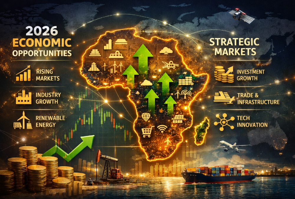 African continent map with investment growth indicators highlighting 2026 economic opportunities and strategic market positioning