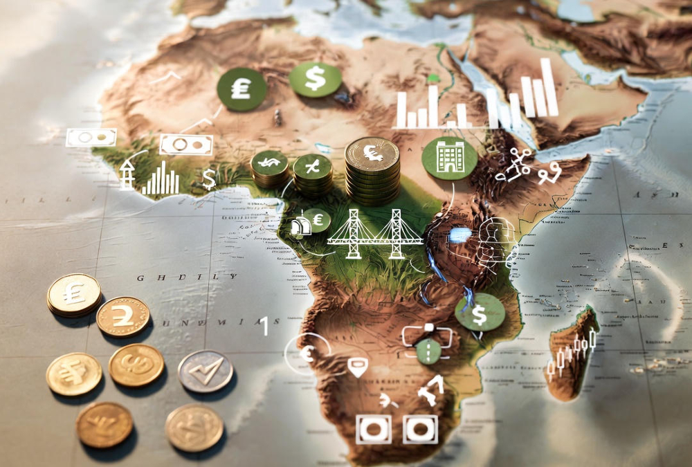 African continent symbolizing economic sovereignty with currency symbols, infrastructure, and regional integration elements representing Africa’s journey toward true economic independence.