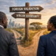 African professionals in suits standing at a crossroads - one path labeled "foreign validation," the other "African sovereignty" - symbolizing the choice between elite complicity and courageous, self-determined leadership.