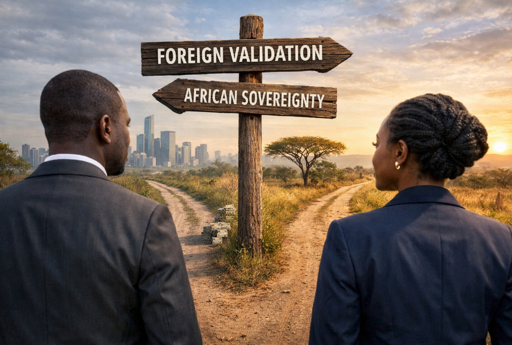 African professionals in suits standing at a crossroads - one path labeled "foreign validation," the other "African sovereignty" - symbolizing the choice between elite complicity and courageous, self-determined leadership.