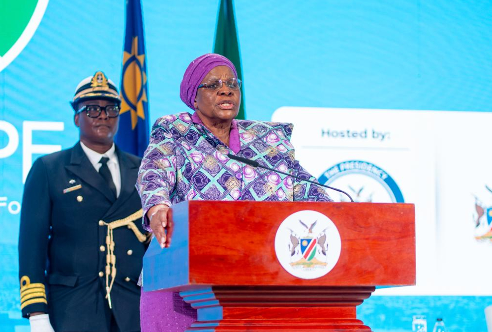 Namibian President Netumbo Nandi-Ndaitwah delivering a keynote address on Africa’s strategic use of resource wealth to reclaim global bargaining power.