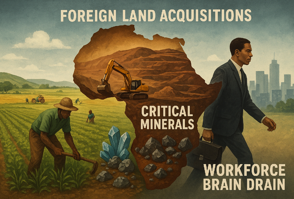 Illustration of Africa’s natural resources, including farmland and critical minerals, highlighting threats from foreign land acquisitions, mineral exploitation, and workforce brain drain.