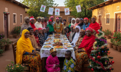 African families and neighbors of different faiths celebrating Christmas together in unity, sharing meals and joy - embodying Ubuntu, interfaith harmony, and communal spirit across diverse cultures.