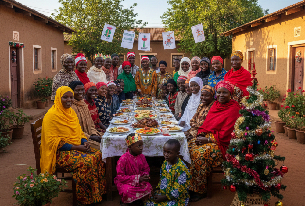 African families and neighbors of different faiths celebrating Christmas together in unity, sharing meals and joy - embodying Ubuntu, interfaith harmony, and communal spirit across diverse cultures.