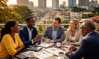 Executives and local business leaders meeting in an African city, symbolizing real market entry, relationship building, and long-term business commitment beyond strategy hype.