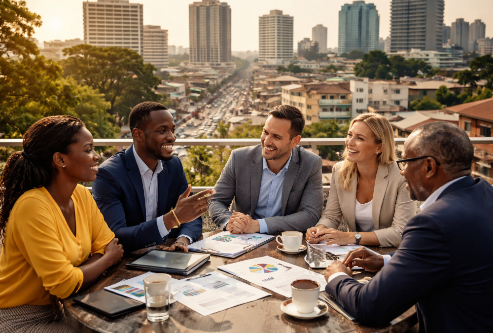 Executives and local business leaders meeting in an African city, symbolizing real market entry, relationship building, and long-term business commitment beyond strategy hype.