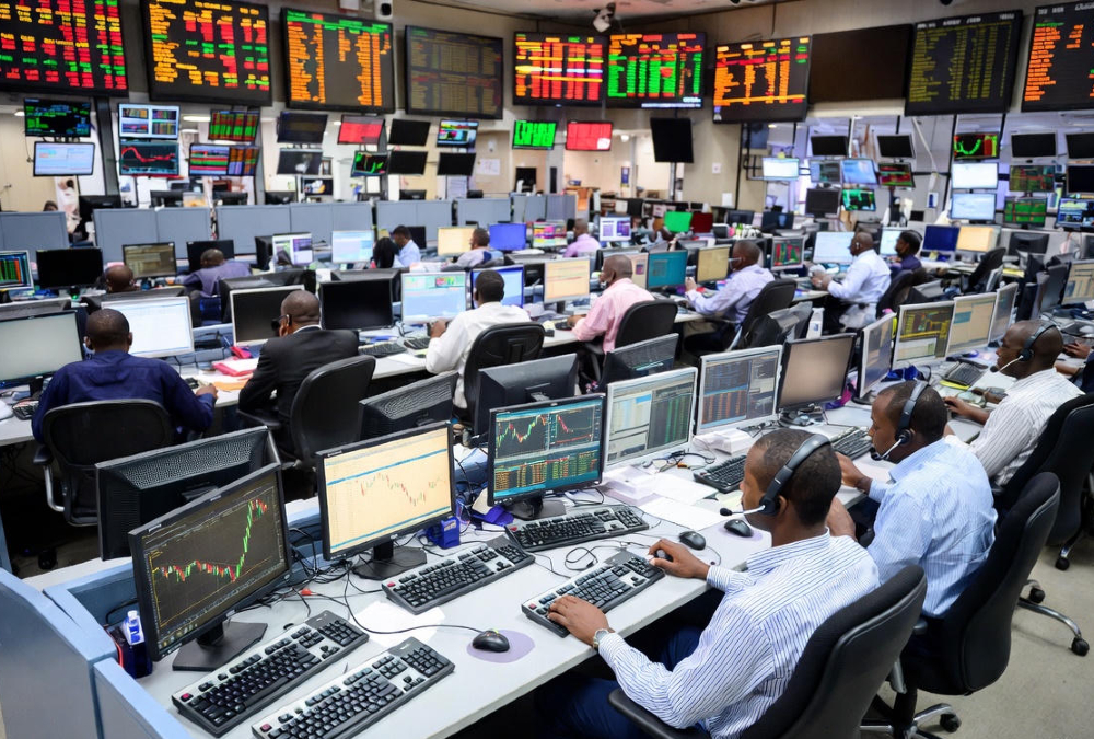 African stock exchange trading floor with increased activity from institutional and retail investors