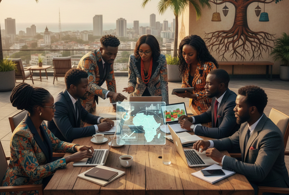 Business people in Africa discussing economic development and trade opportunities