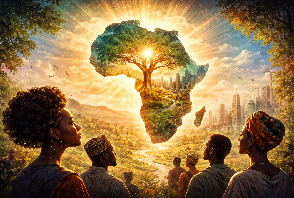Illustration of Africa’s growth rooted in mindset and consciousness, symbolizing the continent’s journey from survival to self-defined progress and modernity.