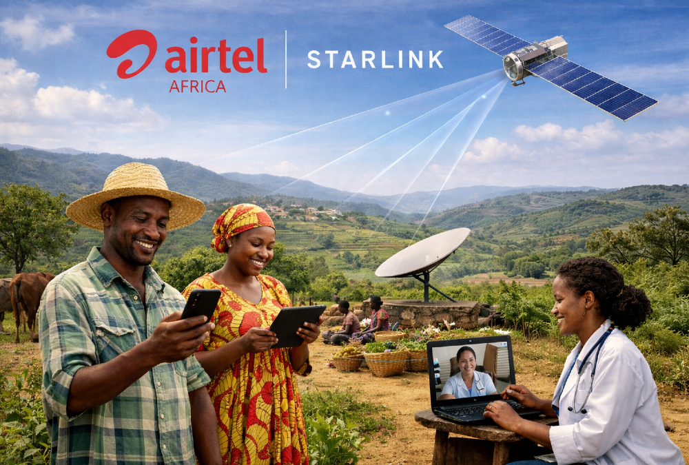 Airtel Africa and Starlink partnership illustrating satellite-based mobile connectivity expanding digital access to rural and underserved communities across Africa.