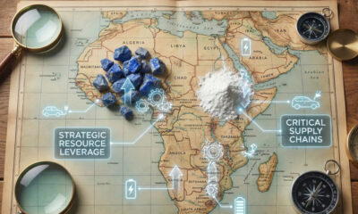 Visual of critical minerals like cobalt and lithium, overlayed on a map of Africa, representing strategic resource leverage.
