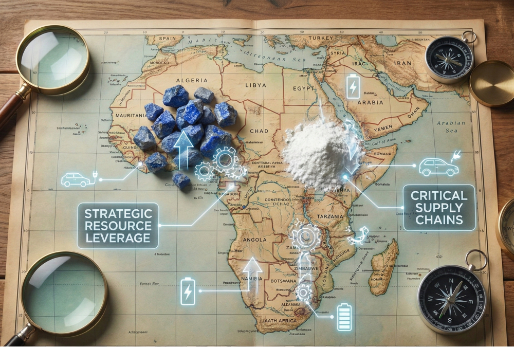 Visual of critical minerals like cobalt and lithium, overlayed on a map of Africa, representing strategic resource leverage.