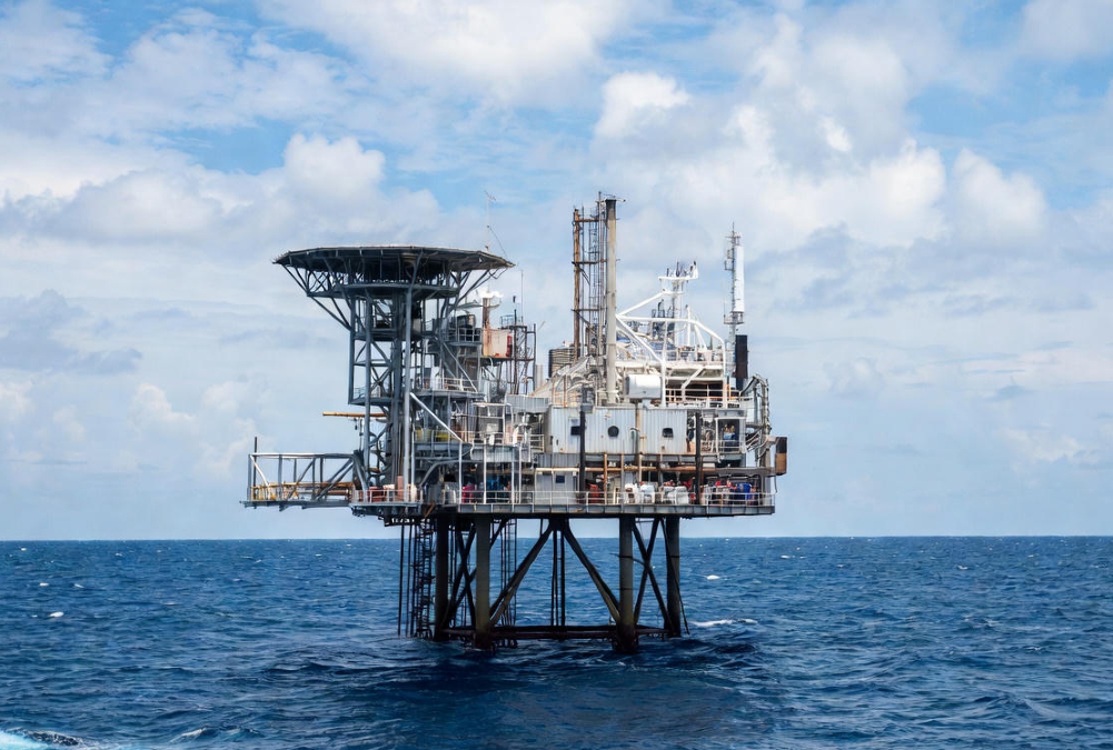 Offshore oil rig operations in Guyana, representing the nation's expanding energy sector and new partnership with Ghana's Cybele Energy.