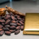 Pile of raw cocoa beans next to a wrapped chocolate bar, illustrating the value-added processing gap.