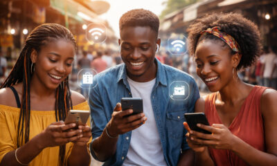 African youth using smartphones and mobile technology, symbolizing digital inclusion and economic opportunity across the continent