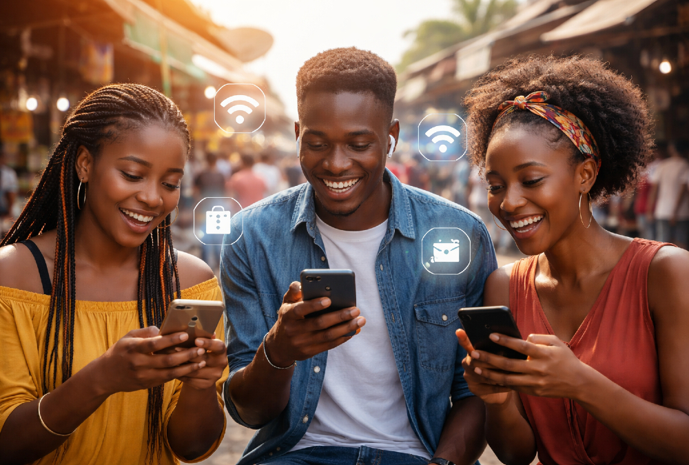 African youth using smartphones and mobile technology, symbolizing digital inclusion and economic opportunity across the continent