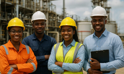 Young African energy workers and engineers at oil and gas facility