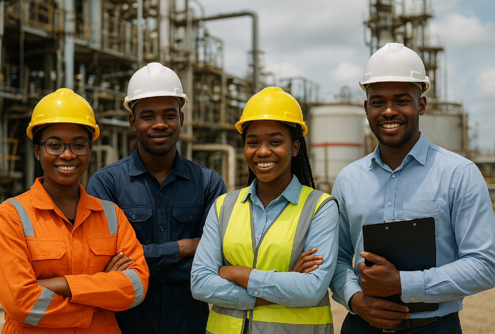 Young African energy workers and engineers at oil and gas facility