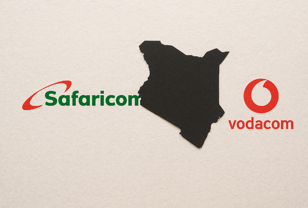 Safaricom and Vodacom logos with a map of Kenya, illustrating the major ownership deal