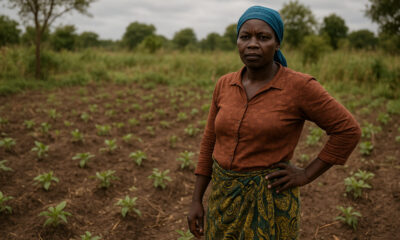 African woman farmer standing on a small subsistence plot, symbolizing the challenges of smallholder farming and the need for modern, scalable agriculture.