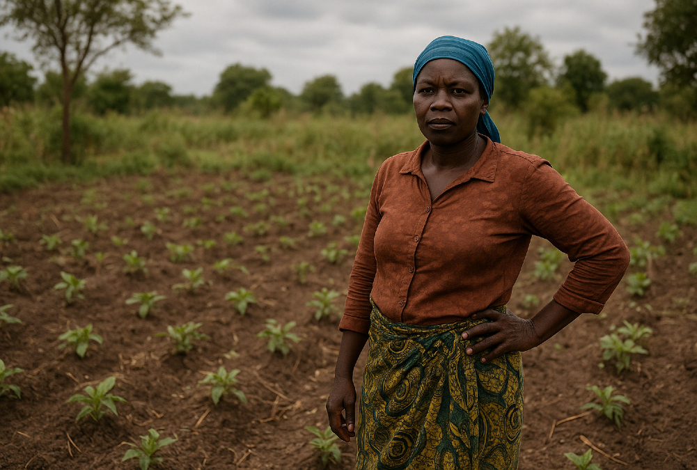 African woman farmer standing on a small subsistence plot, symbolizing the challenges of smallholder farming and the need for modern, scalable agriculture.