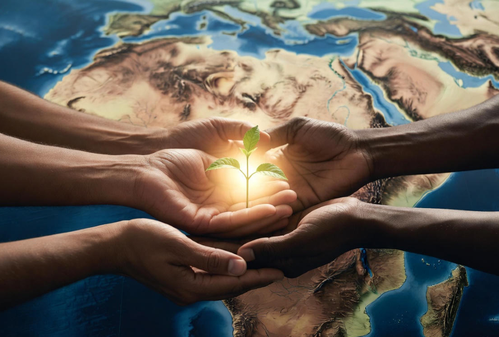 A thoughtful depiction of generational stewardship in Africa—hands passing a glowing seedling over a map of the continent, symbolizing ethical legacy, responsibility, and hope for the unborn.