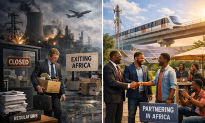 A split visual representing contrasting investment outcomes in Africa: one side shows a multinational exiting amid challenges like power outages and regulatory complexity; the other shows a company thriving through local partnerships, youthful consumers, and infrastructure innovation - symbolizing Africa’s asymmetric opportunity.