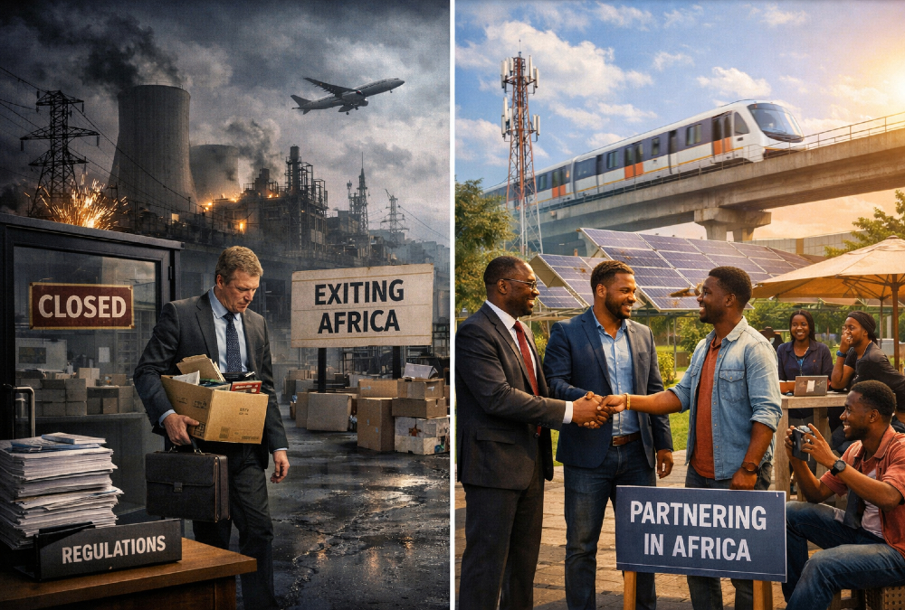A split visual representing contrasting investment outcomes in Africa: one side shows a multinational exiting amid challenges like power outages and regulatory complexity; the other shows a company thriving through local partnerships, youthful consumers, and infrastructure innovation - symbolizing Africa’s asymmetric opportunity.