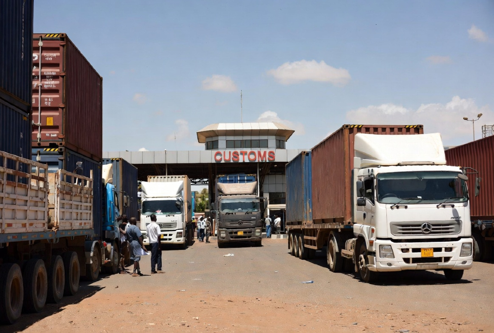 Trucks and cargo at West African border crossing illustrating regional trade.