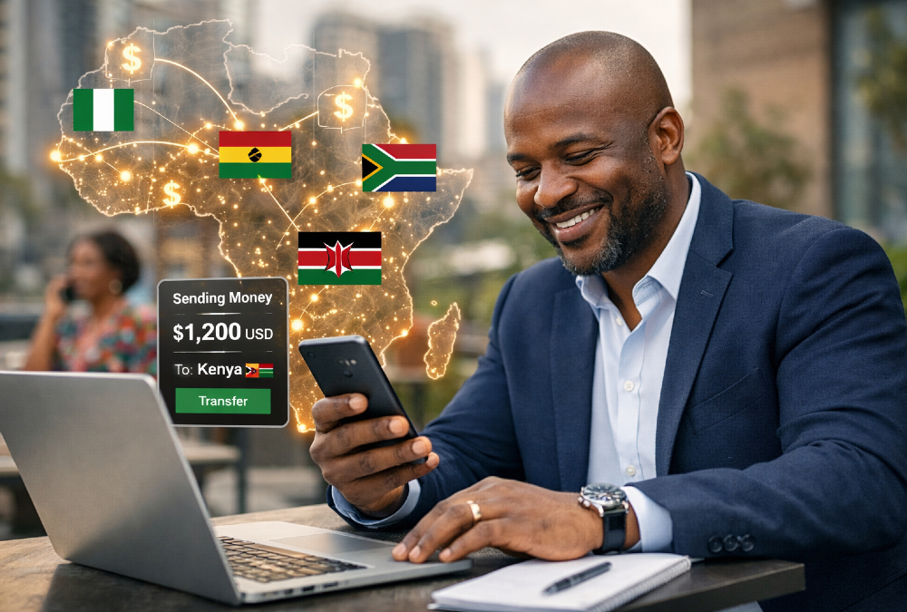 African entrepreneur using mobile money fintech for a seamless cross-border intra-African transaction