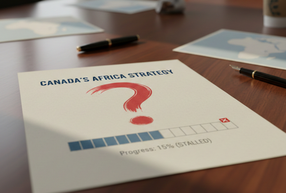 Graphic showing a document titled "Canada's Africa Strategy" with a prominent question mark and a stalled progress bar.