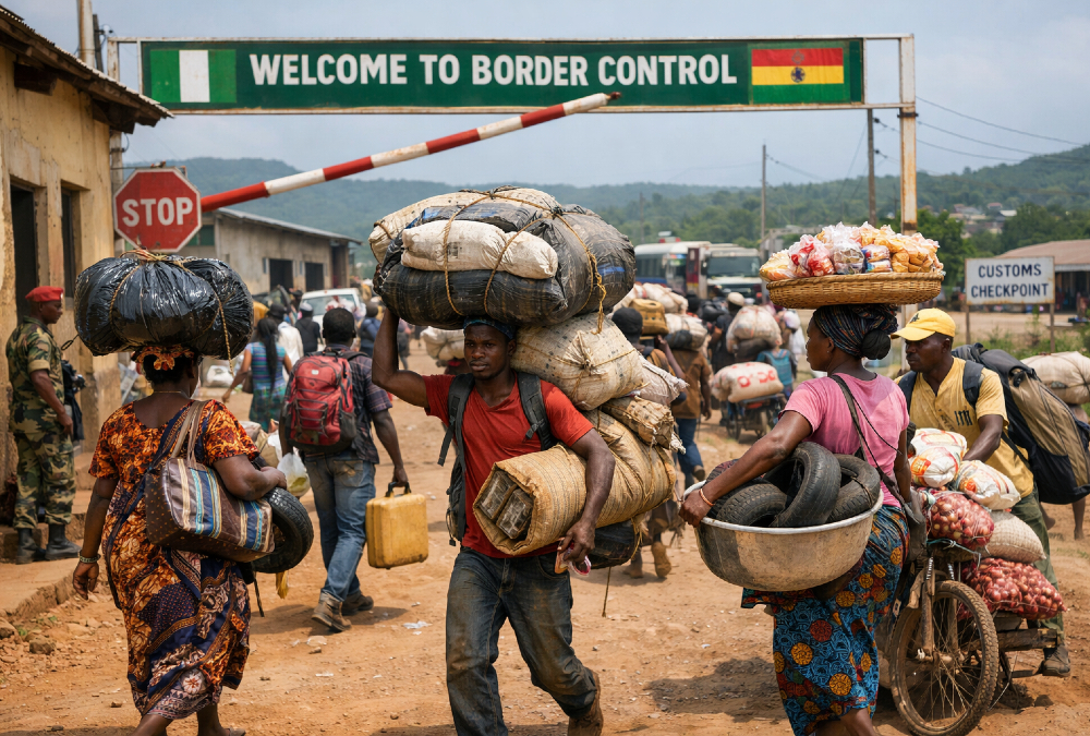 Informal traders crossing a West African border with goods