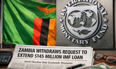 Zambian flag with IMF logo; Zambia withdraws request to extend $145 million IMF loan amid election-year economic pressures.