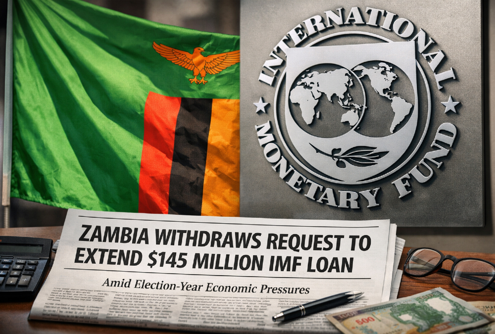 Zambian flag with IMF logo; Zambia withdraws request to extend $145 million IMF loan amid election-year economic pressures.